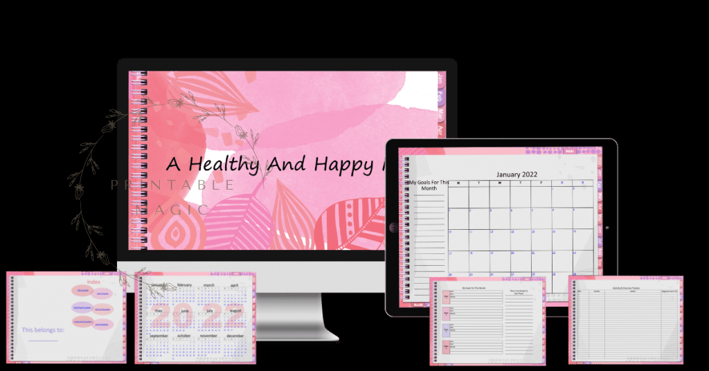 Digital Healthy and Happy Me Planner with individual pages showing the contents