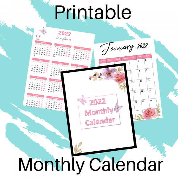 Main watercolor monthly calendar picture showing the front page the 2022 calendar and the January 2022 page