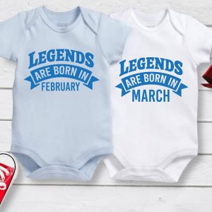 Legends are born in February SVG file shown on a a baby romper mockup. Great for your cutting machine, printable or sublimation projects
