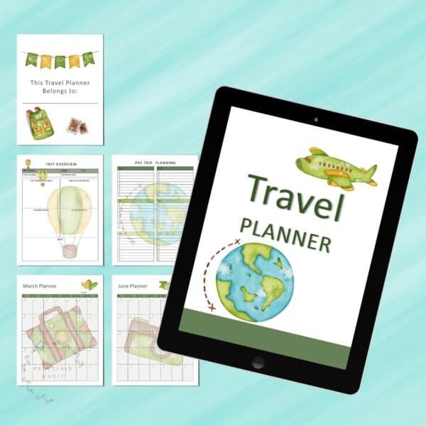 The Adventure Travel Planner cute versions main picture showing the front page of the Travel Planner and a number of internal sample pages