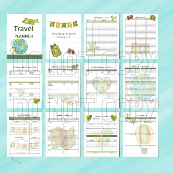 Travel Planner cute version main picture showing the Travel Planner and most of internal pages with sheets to suit all needs of organizing a fantastic holiday