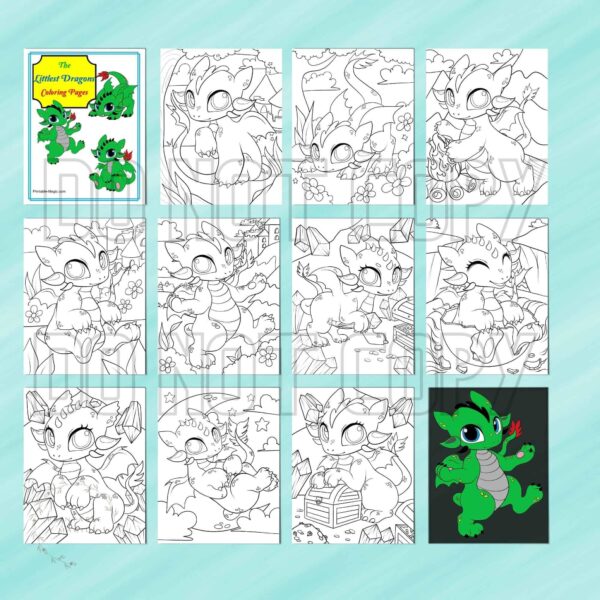 Preview graphics for the Littlest Dragon Coloring Pages from the Printable-Magic website