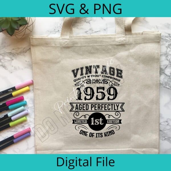 Vintage 1959 SVG/PNG design shown on a tote bag mockup