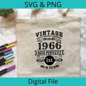 Tote Bag Mockup with Vintage 1966 SVG using HTV and a cutting machine like a Scan N Cut or Cricut