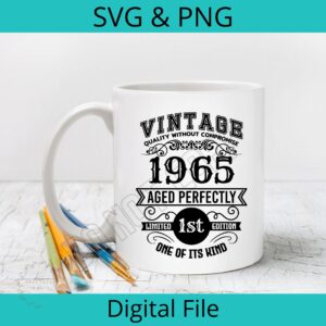 Vintage 1965 SVG/PNG design shown on a coffee mug mockup