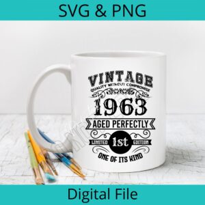 Vintage 1963 SVG/PNG design shown on a coffee mug mockup