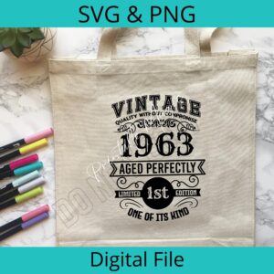 Vintage 1963 SVG/PNG design shown on a tote bag mockup