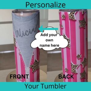 Tumbler with necklace effect with name on a chain. Zipper front and leopard star shaped design. Showing front and back of tumbler.