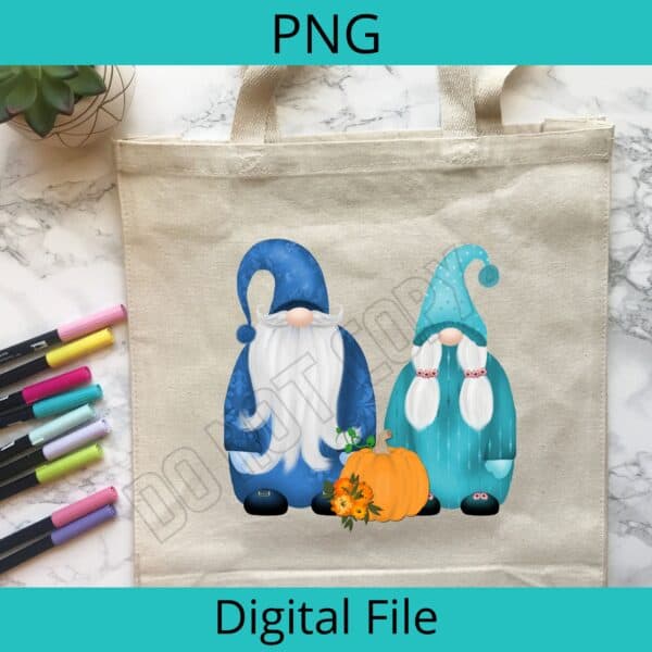 Two cute Gnomes with a pumpkin shown on a tote bag mockup in an Aqua theme