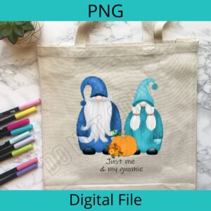 Two cute Gnomes with a pumpkin shown on a tote bag mockup in an Aqua theme with wording "me and my gnomies"