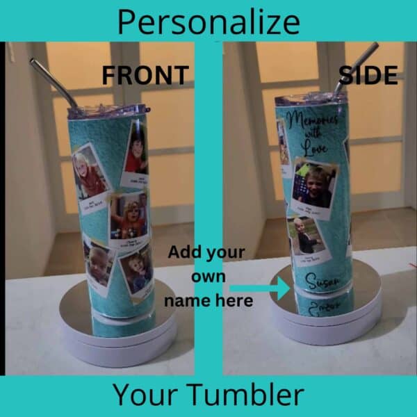 Personalize your memory tumbler with photo's of your memorable vacations, beloved pets, family, children or grandchildren. Tumbler mockup shows a finished tumbler with 10 photos on it.