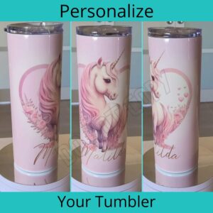 Unicorn tumbler showing all three sides of the tumbler including name placement