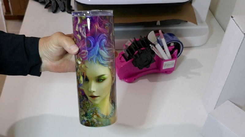 Finished sublimation tumbler after it has been cooled and unwrapped