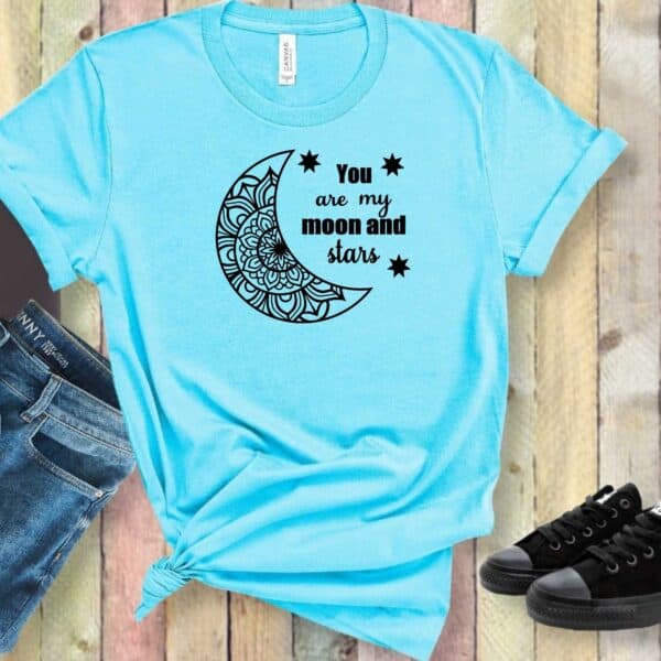 Moon Mandala aqua T-Shirt mockup showing the SVG using HTV