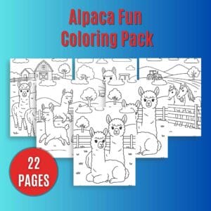 Printable alpaca coloring page featuring a cute cartoon alpaca for kids. Examples of some sheets in the pack