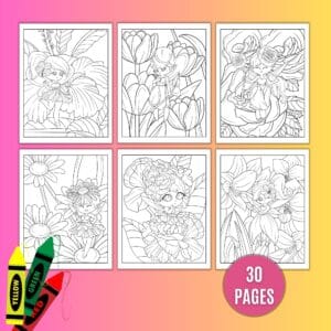 Cutie Flower Fairies Coloring Pack – 30 printable fairy coloring pages in a digital download. Examples shown