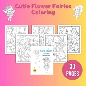 Cute fairy sitting on a blooming flower – printable coloring page for kids, Examples of sheets shown