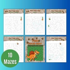 Dinosaur Find Your Way Maze Challenge - examples of pages included in the set
