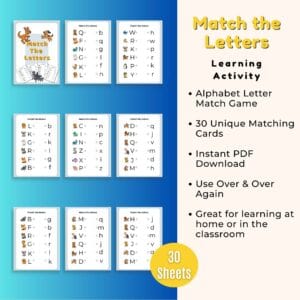 Match the Letters Game showing examples of the various of the sheets included in the set