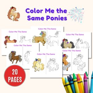 Printable pony coloring game for kids where ponies are colored the same to match