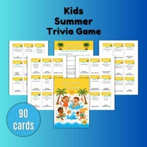 Printable Kids Summer Trivia Game with sunshine and holiday-themed questions