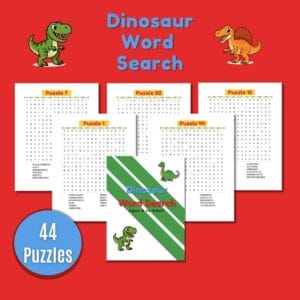 Word search puzzle page featuring dinosaur names hidden