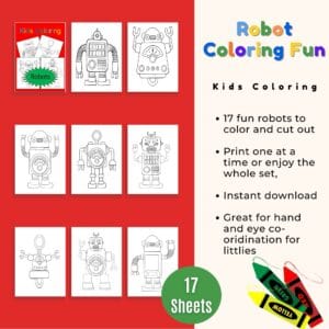 Fun robot activity pack – 17 printable coloring pages featuring creative robot characters.