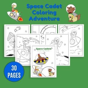Space Cadet Coloring Adventure showing 6 examples of the coloring pack
