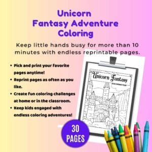 Unicorn Fantasy Adventures sheets printable PDF sheets for kids - coloring fun