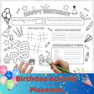 Birthday Activity Placemat showing the various activities on for kids to play and color