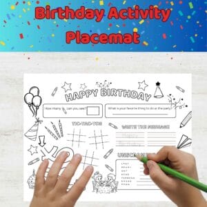 Printable kids birthday placemat with coloring activities, games, and puzzles to keep party guests entertained.