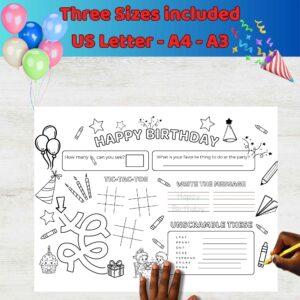 Birthday party activity sheet featuring maze, tic-tac-toe, count the crayons, and coloring graphics.