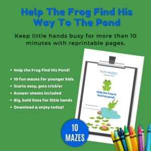 Kids printable maze game where a frog hops through twists and turns to reach his pond.