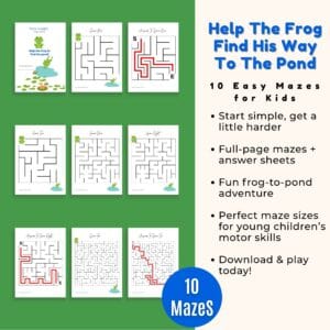 Frog maze puzzle for kids with bold outlines, fun educational printable with answer sheet included.