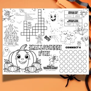 Halloween kids placemat PDF featuring games, puzzles, and coloring activities.