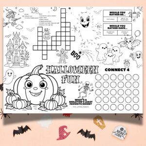 Printable Halloween activity placemat with coloring pumpkins, ghosts, crossword puzzle, and connect the dots for kids party fun.