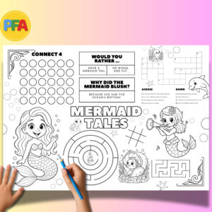 Mermaid Tale Activity Placemat showing the various activities with pink background