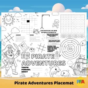 Printable pirate activity placemat with coloring sections, maze, and word games for kids birthday parties.