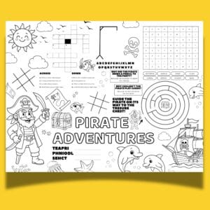 Pirate birthday party activity sheet in PDF format with games and coloring designs for kids