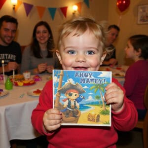Little boy holding the pirate card