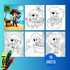 Kids coloring pirate-themed sheets featuring Pirate Finn and island scenes from the Pirate Coloring Adventures pack.