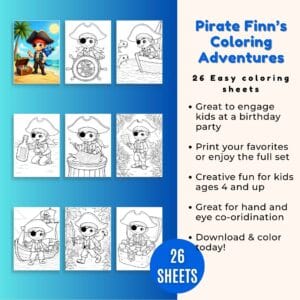 Collection of printable pirate coloring pages displayed on a table, ideal for birthday party fun or classroom crafts.