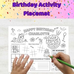 Personalized pony activity sheet for children’s birthdays, printable in Letter, A4, and A3 sizes.