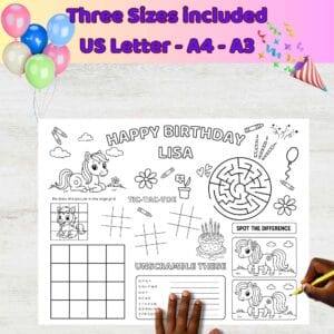 Editable pony-themed placemat for kids’ parties, keeps guests entertained with puzzles and coloring activities.