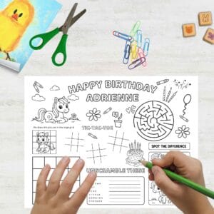With fun puzzles, coloring pages, and a customizable name section, it’s a unique way to keep partygoers entertained and make your child’s big day unforgettable.